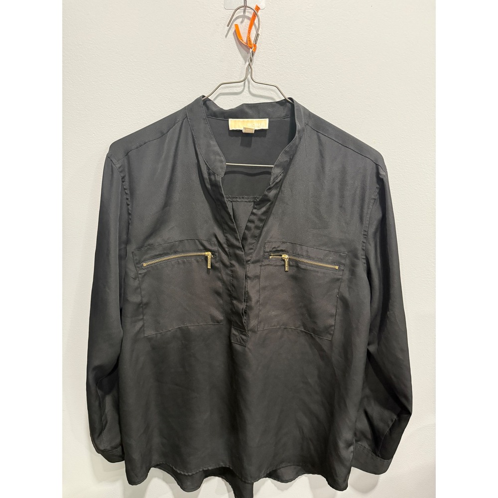 Michael Kors Black V-Neck Roll Tab Sleeve Blouse Gold Zip Pockets Size 10